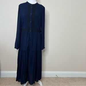 Shoshanna. Navy Blue Polka Dot Midi Dress